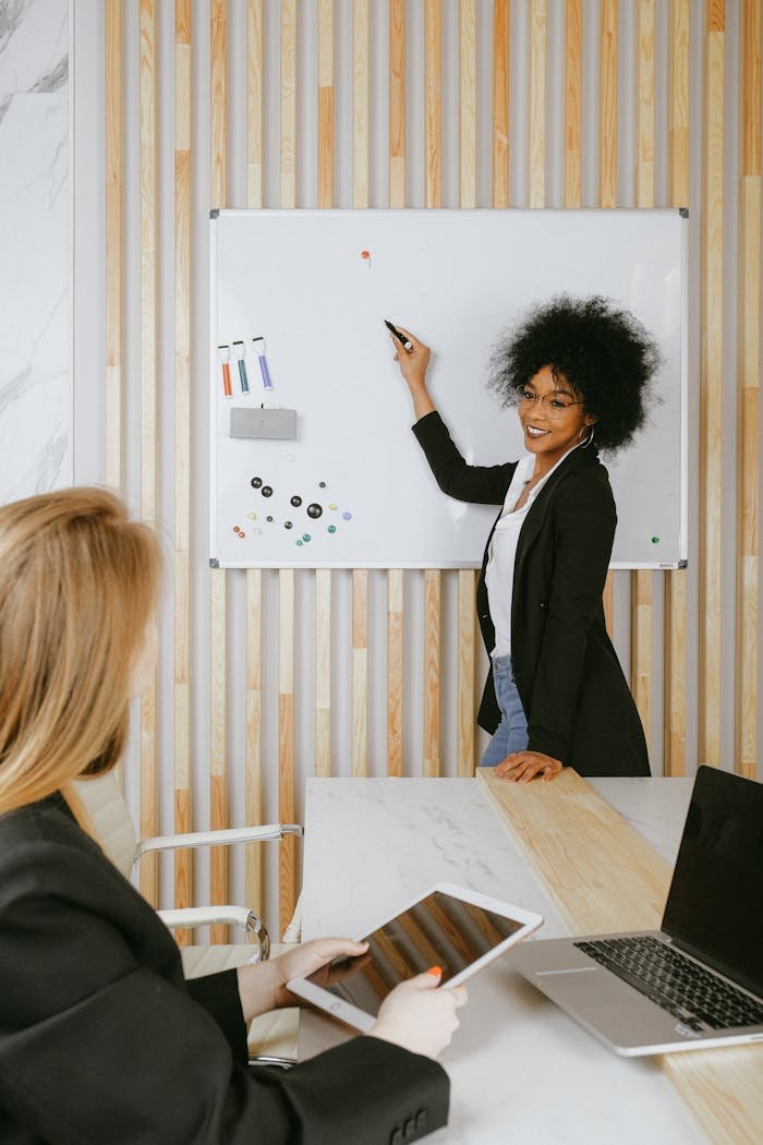 discover Confident businesswoman leading a presentation using a whiteboard in a modern office.